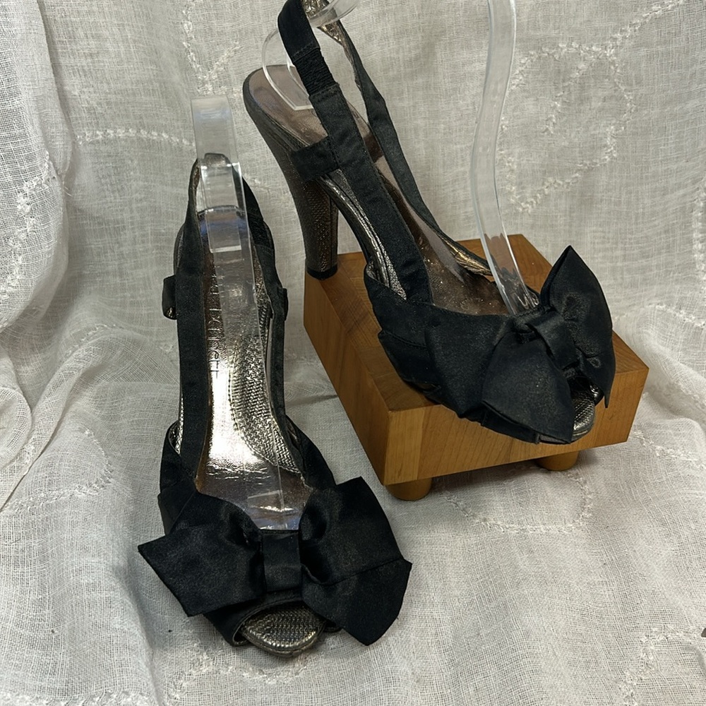 Jessica Bennett leather satin bow sling back heels